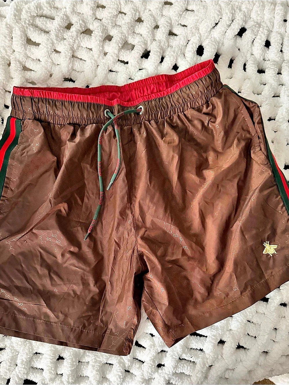Gucci GG Jacquard Nylon Swim Shorts with Bee Brown & Red Small